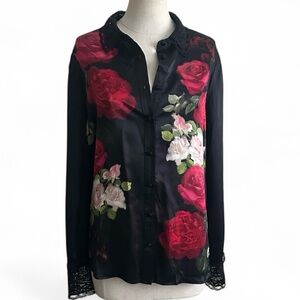 Johnny Was JADE Averi Floral Lace-Trim Satin Shirt SZ large NWT